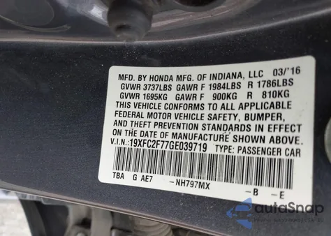 2016 Honda Civic Ex from USA, damaged, VIN 19XFC2F77GE039719